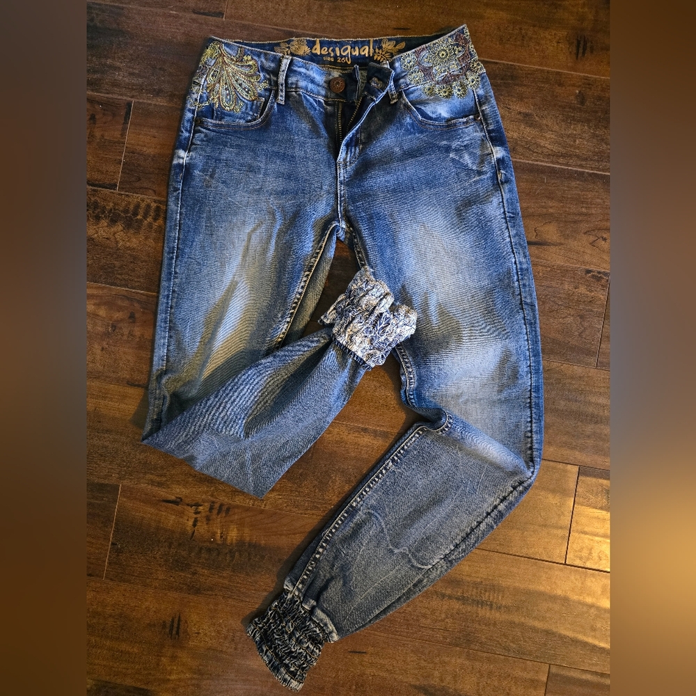 BOGO Desigual Jeans with Gold and Blue Embroidery